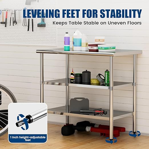 Stainless Steel Work Table 24 x 48 Inch with 2 Adjustable Undershelves, Heavy-Duty Metal Prep Table for Commercial Kitchen & Restaurant, Garage, Outdoor