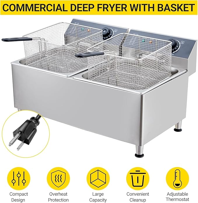 Dual 11L Commercial Deep Fryer | 304 Stainless Steel Dual Tank Design | 3400W Total Power (1700W x 2) 110V | with Extra Large Baskets & Lids for Restaurant & Food Service