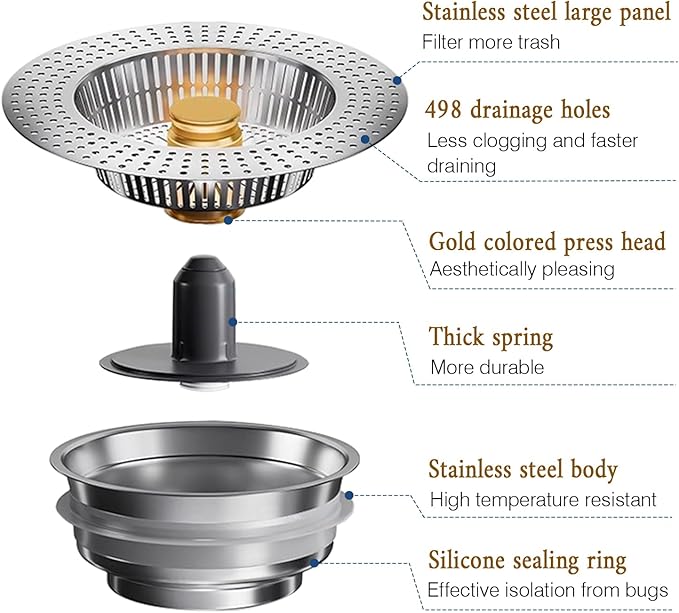 Kitchen Sink Drain Strainer Stainless Steel,Sink Food Catcher Press - Activated, Kitchen Sink Stopper and Drain Stop,Drain Cover Plug Filter Kitchen Sink,Sink Strainer Basket,Gold Kitchen Accessories