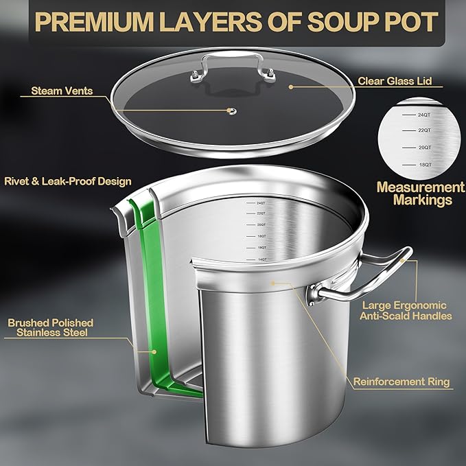 Stainless Steel Stock Pot - 24QT Heavy Duty Induction Cooking Pot with Visible Lid, Nonstick Thick Bottom Big Stockpot, Deep Cookware for Canning, Boiling Beer Brewing, Soup, Seafood Boil Soup Pots