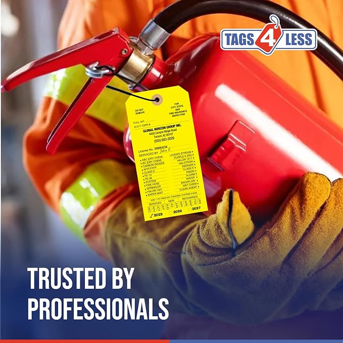 Tags 4 Less Custom Fire Extinguisher Tags – Preventative Maintenance Labels for Monthly Inspections, Alternative to Safety Sticker for Easy Record-Keeping – Pack of 100 (Yellow, Cardboard)