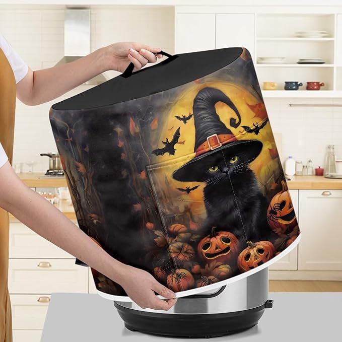 Pressure Cooker Cover for 3 Quart Air Fryer Accessories, Stain Resistant Electric Appliance Cover with Pockets for Halloween Decoration, Black Cat Witch Pumpkin