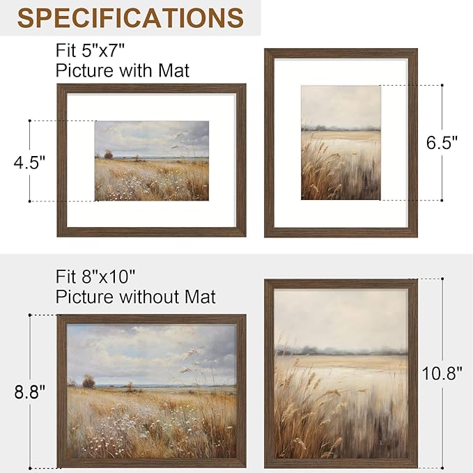 Vittanly 8x10 Picture Frame Set of 2, Solid Wood Frame for Wall or Tabletop, Display Photo 5x7 with Mat or 8x10 without Mat, Brown