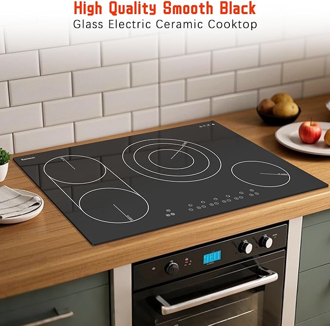 Karinear Electric Cooktop 30 Inch, 4 Burners Electric Stove Top, Flexible Bridge &Triple Ring Expandable Burners, Pause, Timer, Child Safety Lock, 7800W Built-in Ceramic Cooktop for 220-240V Hard Wire