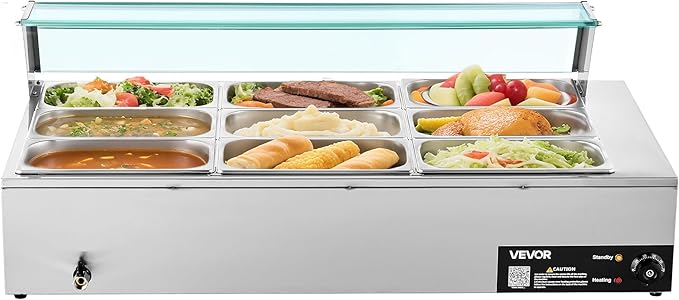 VEVOR Commercial Food Warmer, 1500W Electric Stainless Steel Steam Food Warmer with Glass Cover, 9-Pan Countertop Buffet Bain Marie with Soup & Perforated Ladles, for Catering, Restaurant & Party