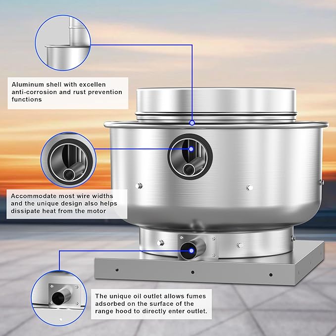 Roof Ventilator Restaurant Hood Grease Rated Exhaust Fan Food Truck Direct Drive Centrifugal Upblast Exhaust Fan 1/6HP 800 CFM 110 Volt Single Phase Motor