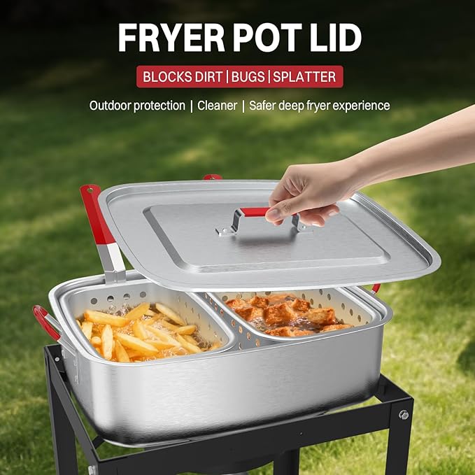 18QT Outdoor Propane Deep Fryer | Include 2 Baskets | Lid | 9" Fryer Tong | 6" Thermometer | Fish Fryer Pot with 50,000 BTU Propane Burner | Ideal for Fish, Chicken Wings & French Fries