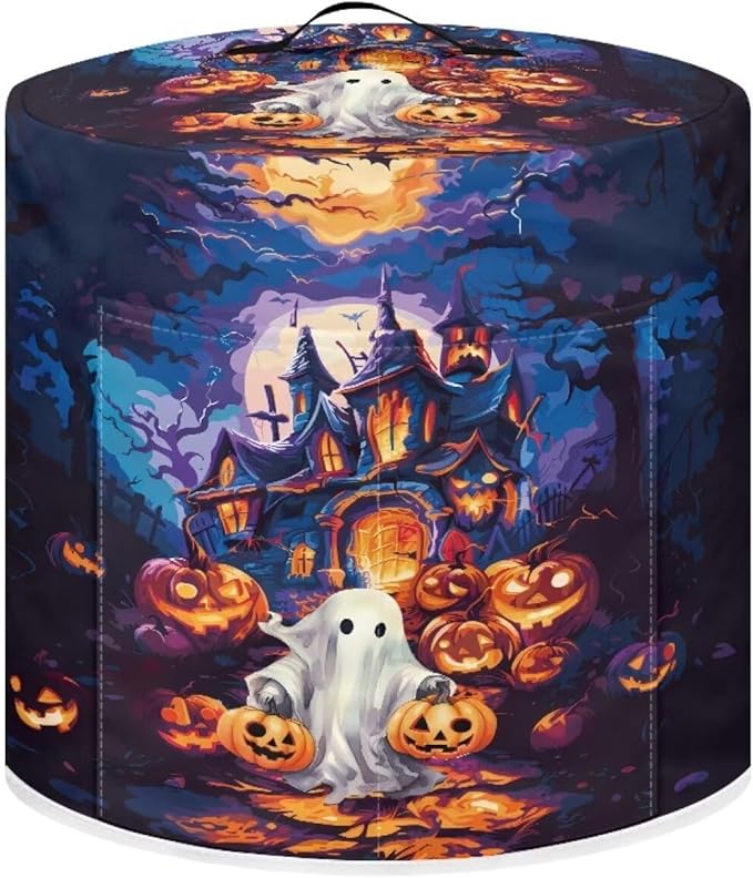 Halloween Theme Kitchen Appliance Decor 3 Quart Pressure Cooker/Air Fryer/Rick Cooker Dust Cover with Top Handle and Storage Pocket Halloween Castle Ghost Print