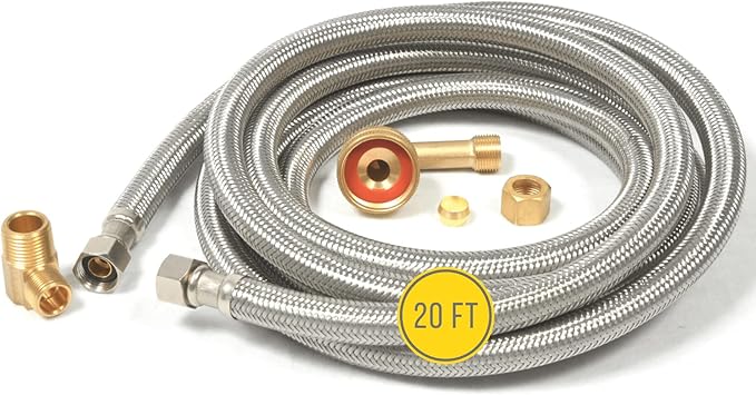 Hippohose 20 FT Stainless Steel Dishwasher Water Hose Kit - Universal Fit, Braided SS, 3/8'' Connections, 5-Year Warranty