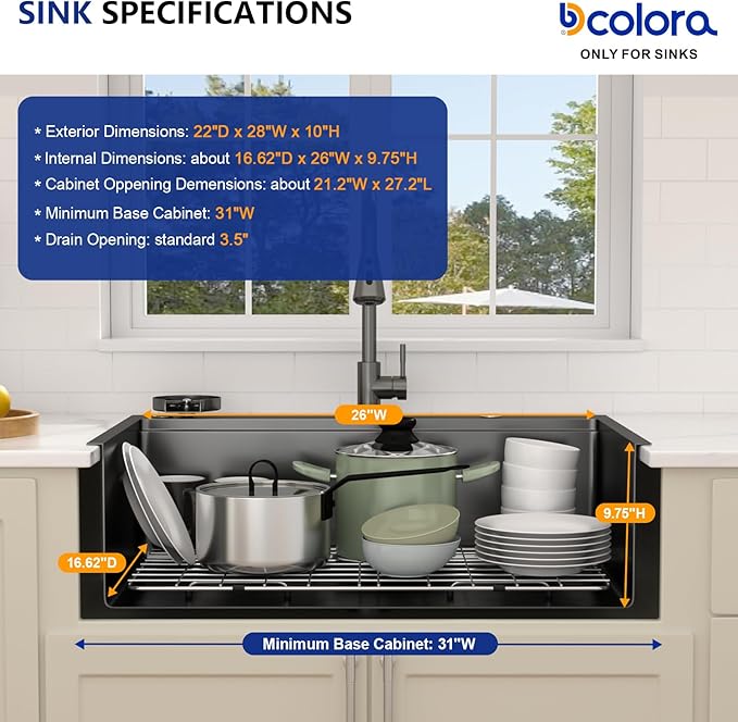 Dcolora 28 In. Black Kitchen Sink with Cup Washer, Large Single Bowl Drop In Installation, Heavy Duty 16 Gauge 304 Stainless Steel, Workstation with Valued Accessories, 28"x22"x10" #DC-T2533002BWS