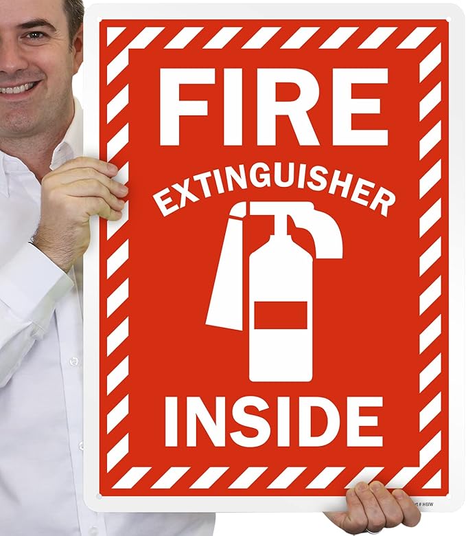SmartSign 24 x 18 inch “Fire Extinguisher Inside” Sign with Pre-cleared Holes, Digitally Printed, 55 mil HDPE Plastic, Red and white, Made in USA