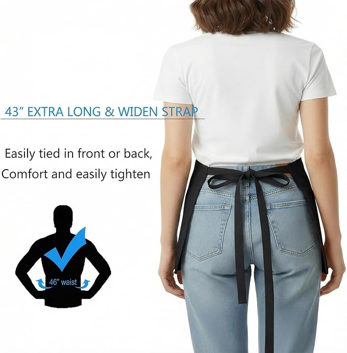 BOHARERS Waist Apron with 3 Pockets - Black Waitress Waiter Server Short Aprons