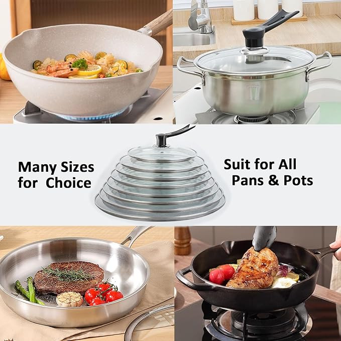 Glass Lids For Pots, Pans and Skillets, Available in Small and Large Lid 10.25, 11, 12, 12.5, 13.5 and 14 Inch,Replacement Tempered Clear Glass Lids with Steam Vent,Standable Pan Cover