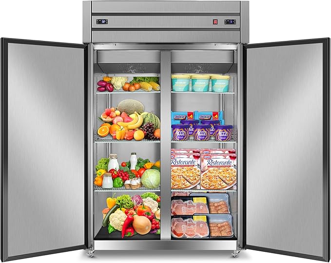 Tylza Commercial Refrigerator and Freezer Combo, 48" W Dual Temperature Zones, All Stainless Steel Design, 770L 6 Adjustable Shelves Refrigerator and Freezer Combo for Restuarant, Shop, Garage, etc