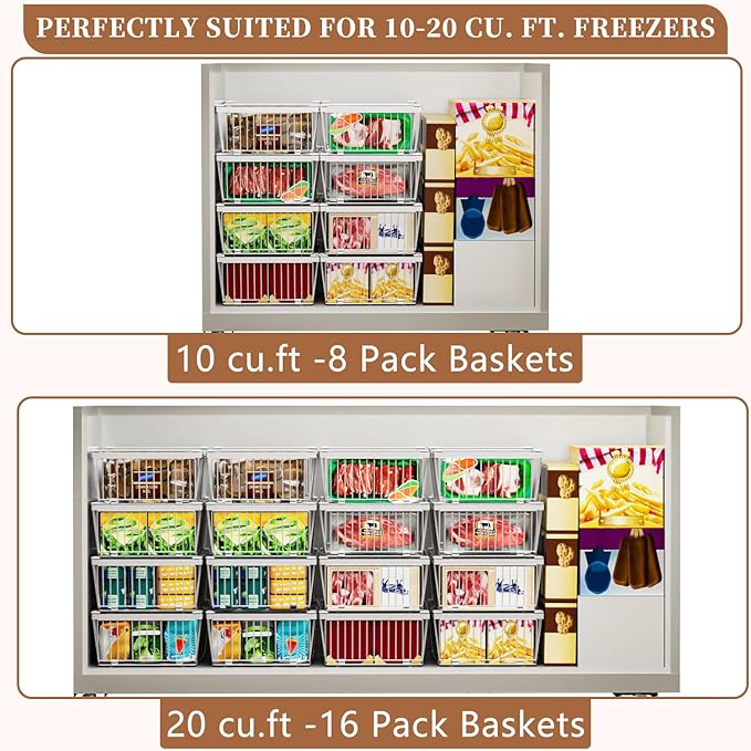 Large Freezer Organizer Bins，Upgraded Bottom Leak-Proof net，2 Pack， Expandable Stackable Chest Freezer Containers with Handle，for Fridge, Deep Freezer, Cabinet, Kitchen, Pantry (White-2Pack)