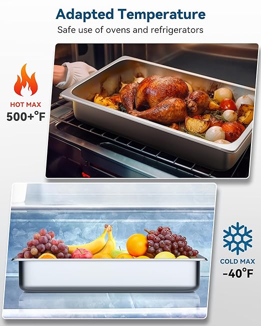 4 Pack Hotel Pans with Lids, 1/1 Size 4" Deep Steam Table Pans, Full Size Stainless Steel Food Pan 22 Gauge Anti Jam 20.8" L x 12.8" W Commercial Food Storage Containers