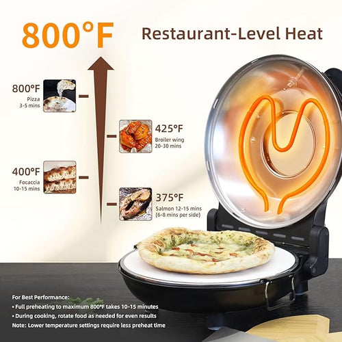 12" Electric Pizza Oven - Countertop Pizza Maker with Ceramic Stone, Heats up to 800°F, Portable Indoor Pizza Oven for Homemade Pizzas, Black