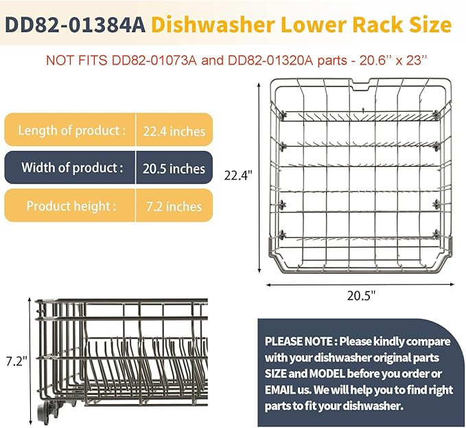 Upgraded DD82-01384A Dishwasher Lower Rack Replacement Parts for Samsung Dishwasher Parts DW80M2020US DW80R2031US DW80R2031UG Lower Dishrack Assembly 22.4" x 20.5" Dishwasher Bottom Rack Basket 1 Pack