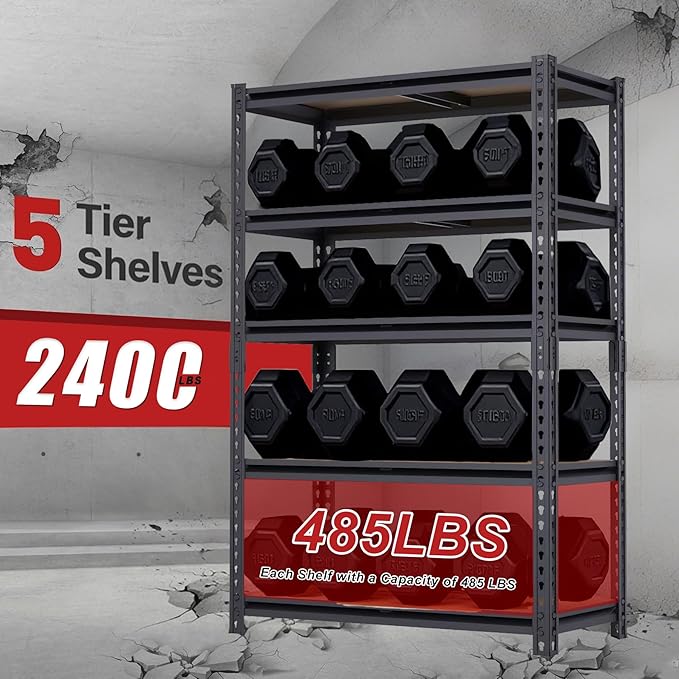 5-Tier Garage Storage Shelves, Heavy Duty Adjustable Shelving Unit, 60"H Garage Rack with 2400lbs Capacity, Metal Utility Shelves for Warehouse, Basement, Pantry, Tool Room, Home Organization