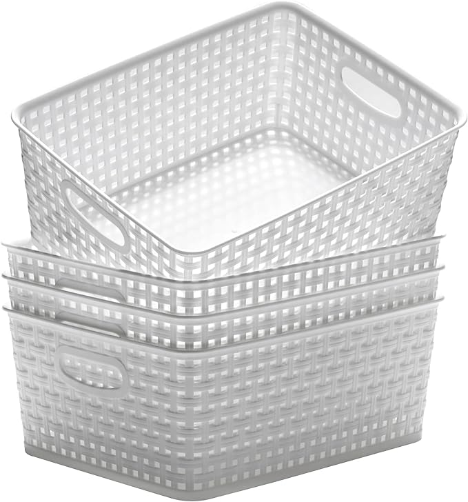 Plastic Storage Baskets for Organizing,11"X8.5"X4.7",Pack of 4 (White)