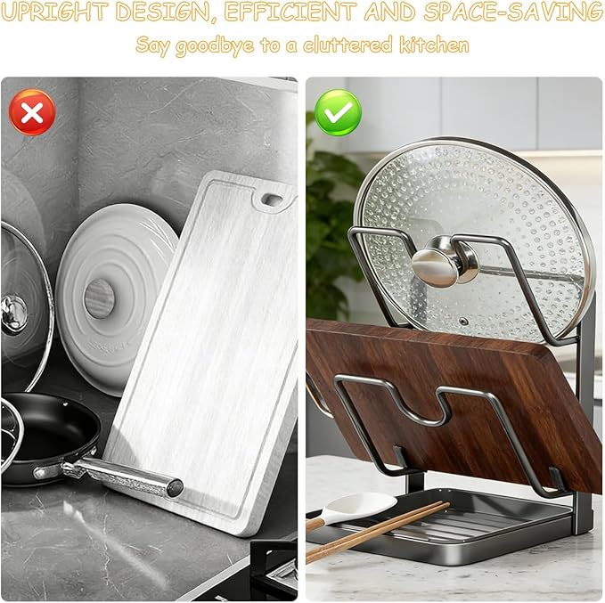 Kitchen Pot Lid Storage Rack, Multifunctional Stainless Steel Cookware Storage Rack With Removable Drip Tray, Space-saving kitchen Pot Lid Organizer, For Various Pot Lids (Grey, Double-Layer, 2PC)