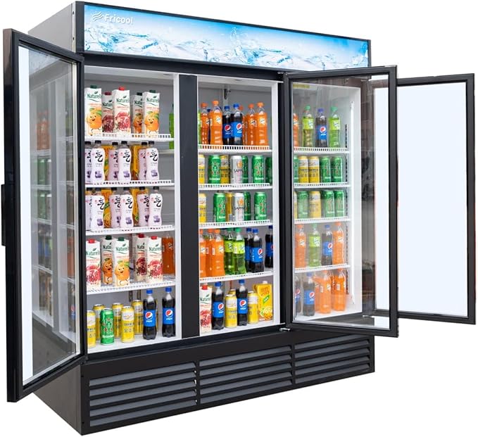 Merchandiser Refrigerator 3 Glass Door, 56 cu ft Beverage Display Cooler, Commercial Upright Fridge with LED Lighting, Adjustable Shelves for Displaying Beverages, Beer, and Drinks, Black