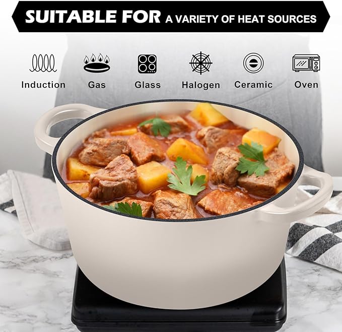 TeamFar 5Qt Dutch Oven, Enameled Cast Iron Dutch Oven with Lid & Dual Handles for Cooking Baking Braising Simmering, Healthy & Sturdy, Oven & Various Stovetops Safe, Non-stick & Easy Clean - Khaki
