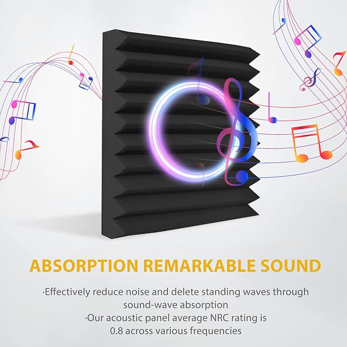 24 Pack Acoustic Foam Panels 1" x 12" x 12" Sound Proof Foam Panles Saiqiang Soundproofing Noise Absorbing Wedge Black Panels for Wall Studio Foams with Double-Side Adhesive