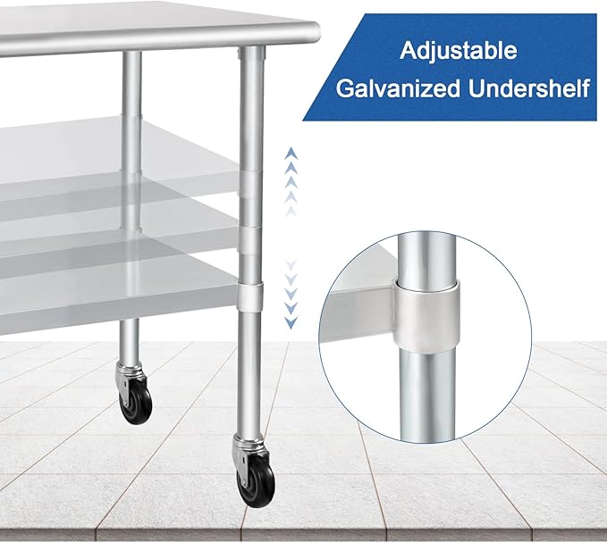 HARDURA Stainless Steel Table with Wheels 30 x 36 Inches Casters NSF Heavy Duty Commercial Prep Table with Undershelf and Galvanized Legs for Food Prep