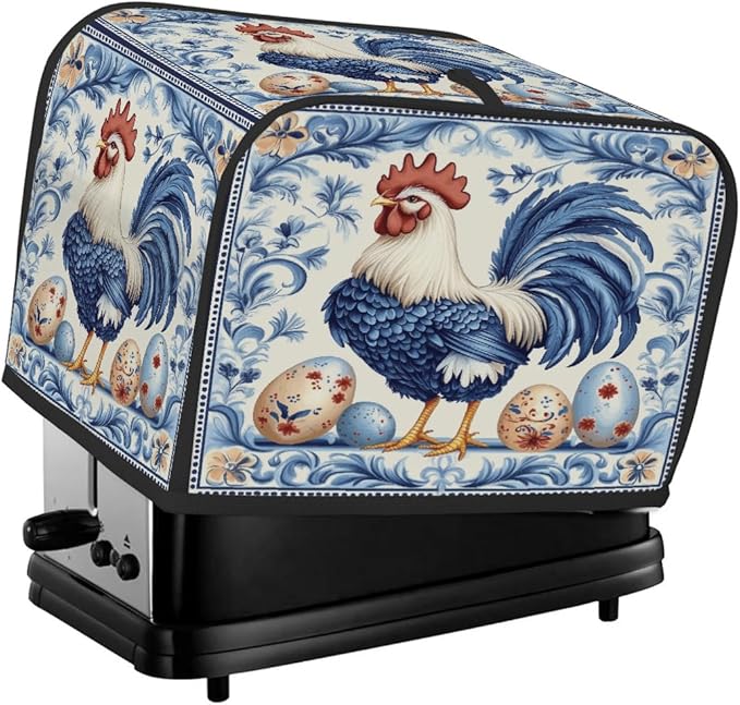 Toaster Cover 4 Slice, Easter Blue Cock Pattern Egg Anti Dust Protector for Bread Maker, Waterproof Kitchen Appliances Accessories