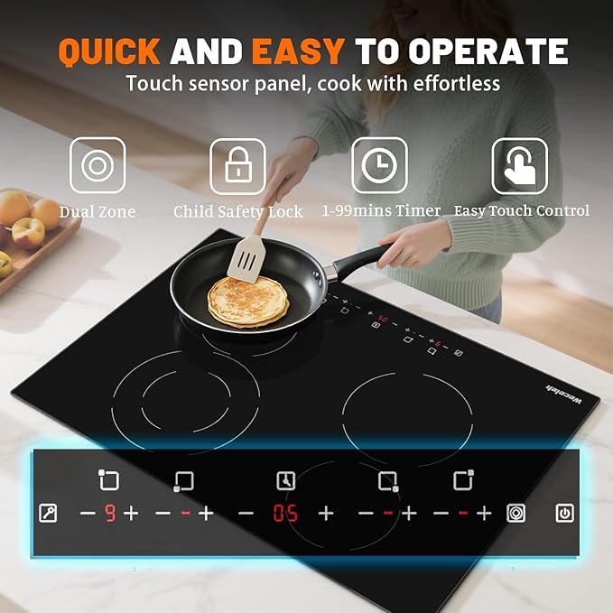 Electric Cooktop, 30 Inch Built-in Ceramic Cooktops 6400W, Electric Stove Top with 4 Burners 220-240V(No Plug), 9 Heating Levels, Child Lock, Sensor Touch Control, Residual Heat Warning