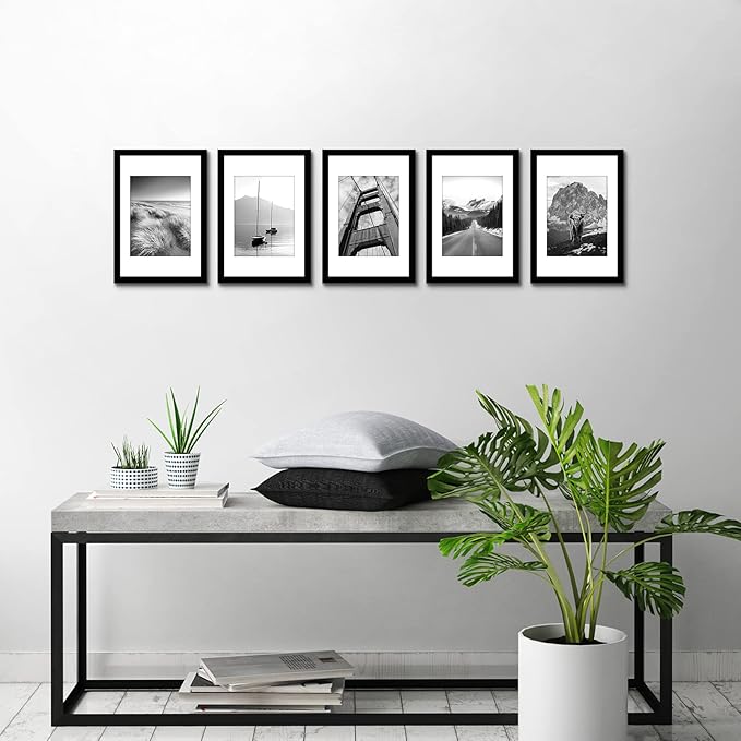 Americanflat 8x12 Picture Frame with Polished Plexiglass - Set of 5 - Use as 6x8 Frame with Mat or Display 8x12 Photo Without Mat - Galleria Collection - Picture Frames for Wall Display - Black