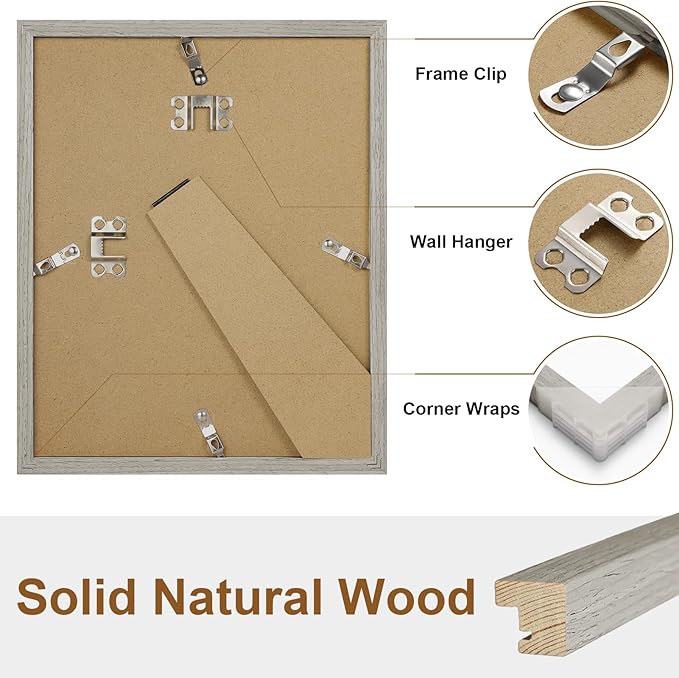 Vittanly 8x10 Picture Frame Set of 2, Solid Wood Frame for Wall or Tabletop, Display Photo 5x7 with Mat or 8x10 without Mat, Grey