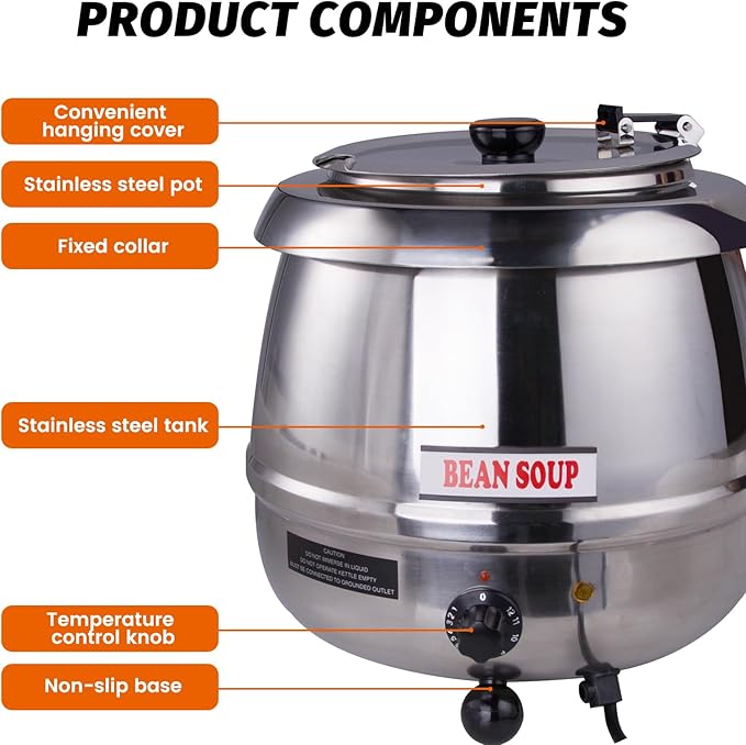 11Qt Commercial Soup Warmer, 400W Buffet Food Warmer Soup Kettle with Hinged Lid & Detachable Pot, Temperature Control (105-195°F) for Soups, Chili, Stew, Nacho Cheese - Silver