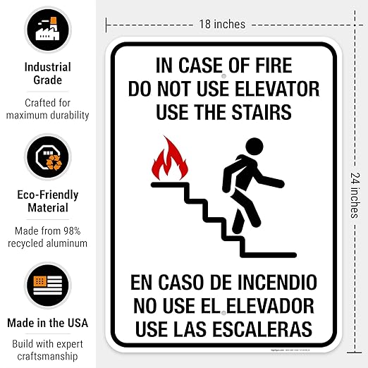 in Case of Fire Do Not Use Elevator Use The Stairs Bilingual Sign, Fire Safety Sign, 18x24 Inches, 55 mil Thick HDPE (high Density polyethylene), Made in USA