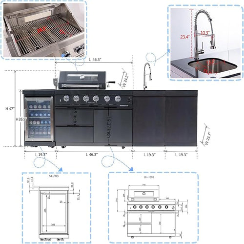 104 Inch Outdoor Kitchen Island, 7200 BTU Gas Grill Combination With Refrigerator and Sink, Outdoor Stainless Steel Barbecue Bar, Propane Grill for Patios, Gardens, Parties