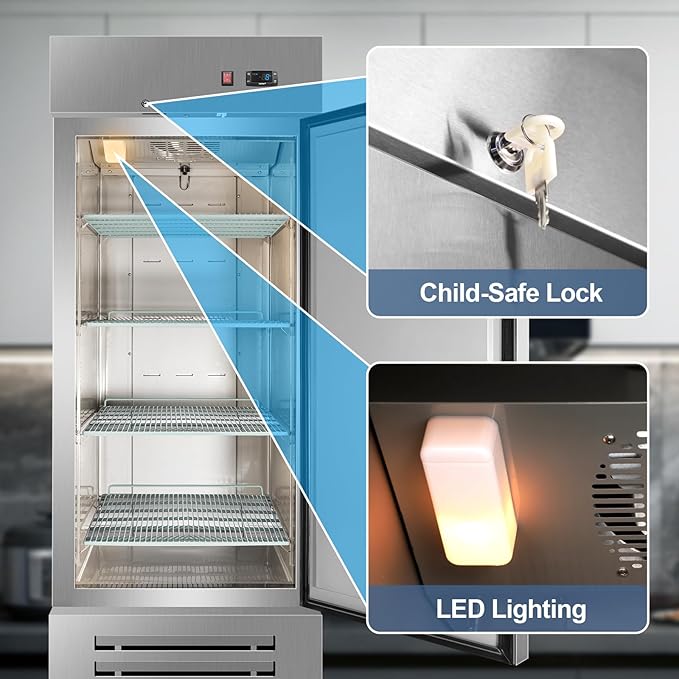 Tylza 27.5" Commercial Reach-in Freezer, Fan Cooling, Solid Stainless Steel Single Door, 530.6L