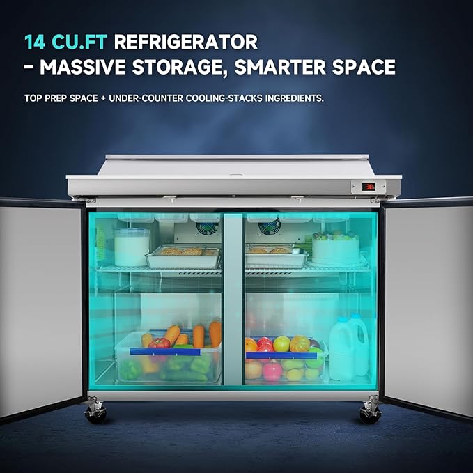 48"W Commercial Sandwich Prep Table Refrigerator - Stainless Steel Door with 12 Pans, 14 Cu.Ft Capacity, Auto Defrost, Digital Temperature Control for Restaurants, Delis, Catering & Convenience Stores