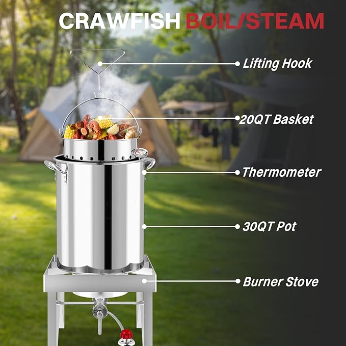 30QT Turkey Fryer Kit | Stainless Steel | Cover | Skimmer | 50,000BTU Burner | Outdoor Deep Fryers with Basket | Seafood Boil Pot | Crab Shirmp & Crawfish Boiler
