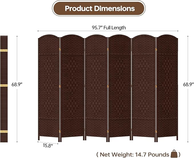 Duraspace 6 Panels Room Divider 6 FT Tall Weave Fiber Freestanding Double Hinged Extra Wide Folding Screen for Patio Privacy (Brown)