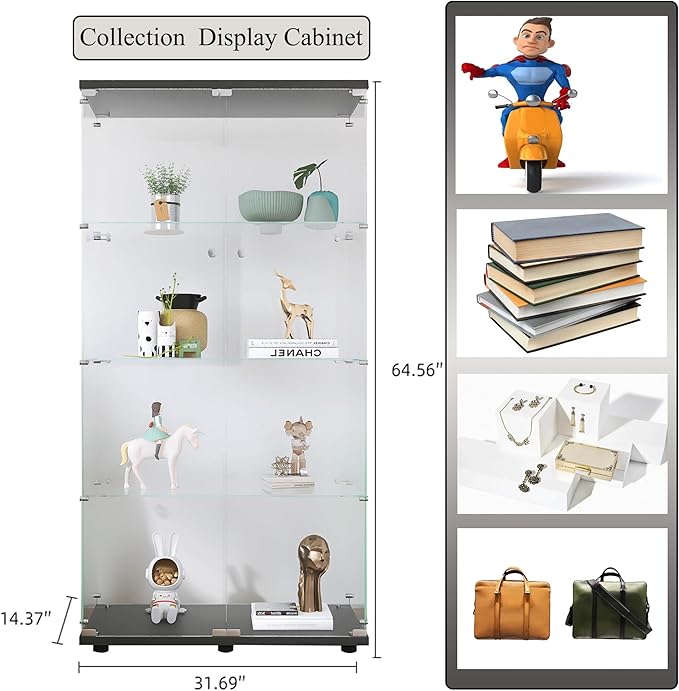 Frameless Glass Display Cabinet, Curio Cabinet Display Case with Lock and 2 Doors, Quick-Install Floor Standing Large Showcase Display Shelf for Collectibles, Legos, Figures, Plants