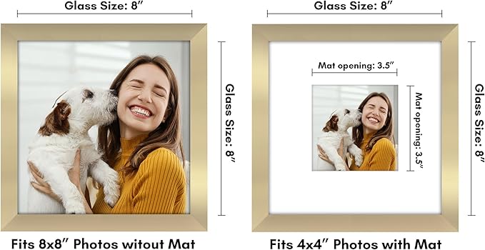 Americanflat 8x8 Picture Frame with Shatter-Resistant Glass - Use as 4x4 Frame with Mat or Display 8x8 Photo Without Mat - Signature Collection - Square Frames for Tabletop and Wall Display - Gold