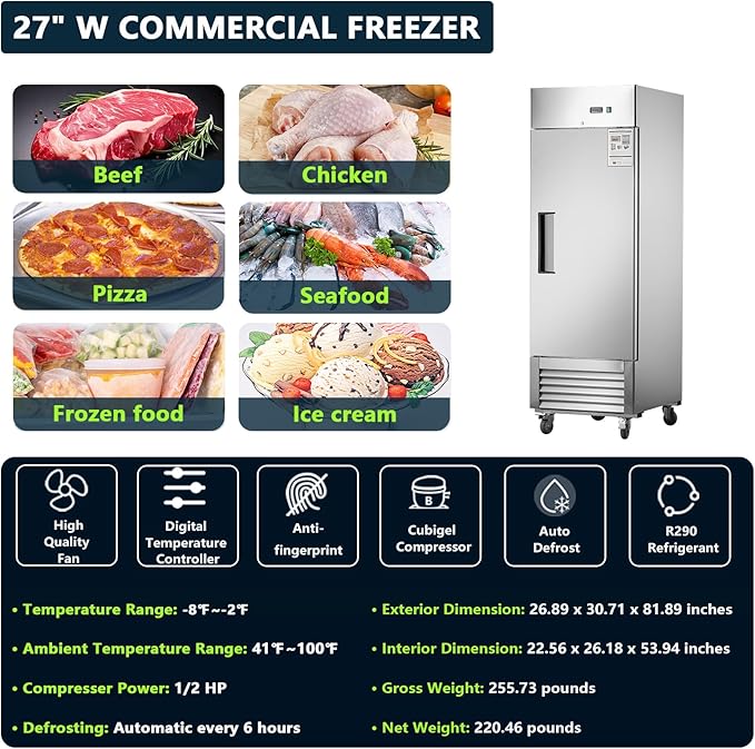 27"W Commercial Freezer Single Solid Door Stainless Steel Reach-in Freezer 18.68 Cu.ft. Upright Fan Cooling Freezer for Restaurant, Bar, Shop, Home, Garage, Business, Kitchen, Residential, ETL & DOE