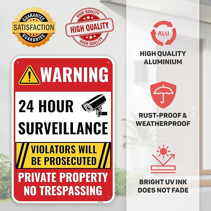 2PC 24 Hour Surveillance Sign, 10 x 7 Inches - Aluminum - Private Property No Trespassing - Security Camera Metal Warning Sign