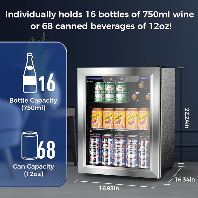 68 Can Beverage Refrigerator Mini Fridge Cooler Glass Door for Beer Soda or Wine, Freestanding Drink Cooler LED Temperature Control for Bar Home, Office 1.7CUFT