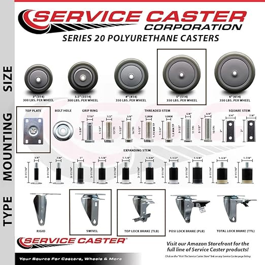 Service Caster Brand Replacement Caster for Uline Caster H-5540SWB - Swivel Top Plate Caster with 5 Inch Gray Polyurethane Wheel and Top Lock Brake - Fits Carts, Dollies and Poly Box Trucks H-3840