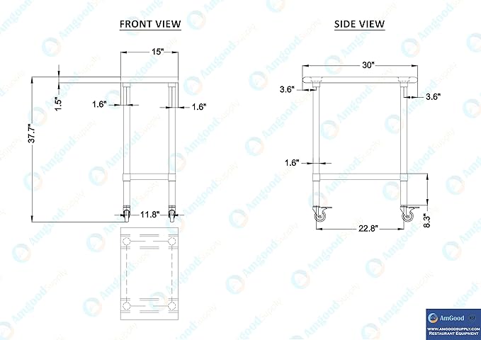 AmGood 15" Long x 30" Deep Stainless Steel Table with Casters