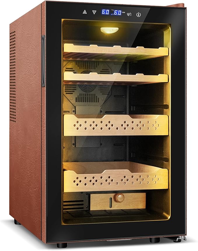 Electric Humidor with Leather-70L Cooling & Heating Humidor Cabinet, Smart Touch Control Humidity & Temp, Humidors wtih Spanish Cedar Wood Tray Digital Display, Safety Lock, Desktop Gift for Men