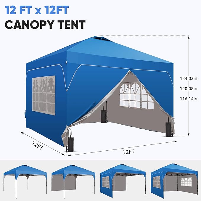 Saemoza 12x12 Pop Up Canopy Tent with One Push Setup, Outdoor Sun Shade Canopy with Vent Top for Backyard Party, Easy Up Instant Shelter with 4-Sandbags & Wheel Bag, Blue.