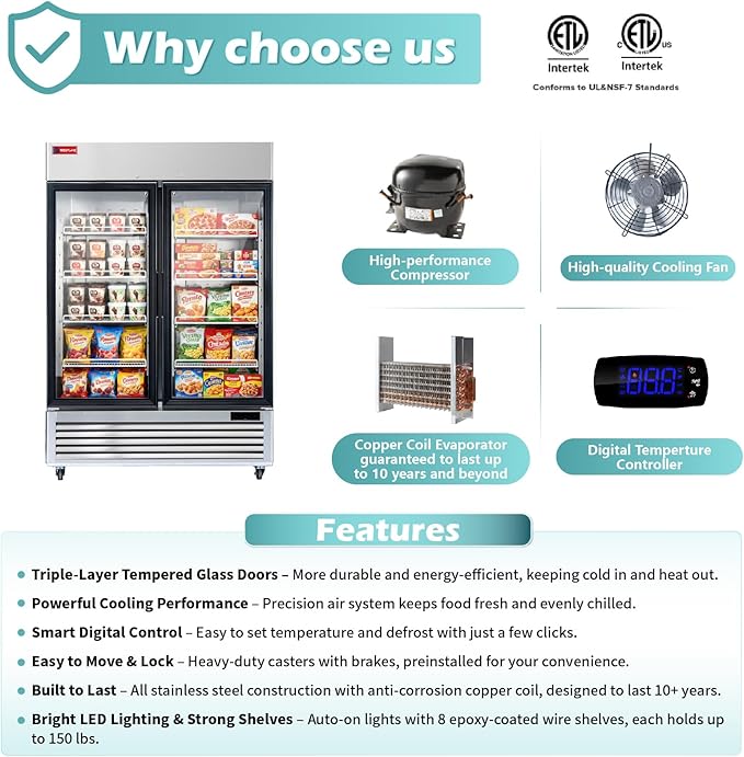 WESTLAKE 54" W Commercial Display Freezer 2 Glass door 49 Cu.ft Stainless Steel Merchandiser Reach-in Upriht Fan Cooling Digital Temperature Control Display Freezer for Restaurant, Bar, Shop, etc